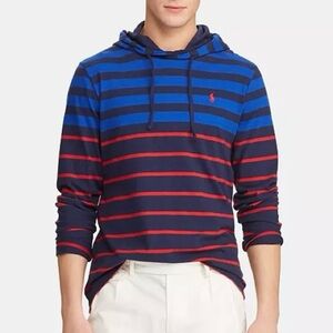 Polo Ralph Lauren Mens Striped Hooded Tee Size M Cotton Jersey Hoodie Blue Red